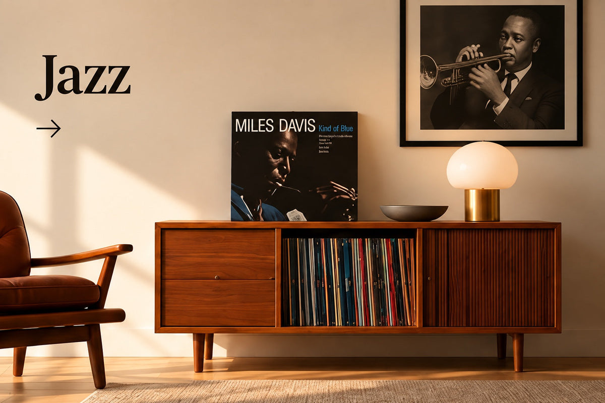 Jazz vinylcollectie met Miles Davis, warme vintage luisterhoek