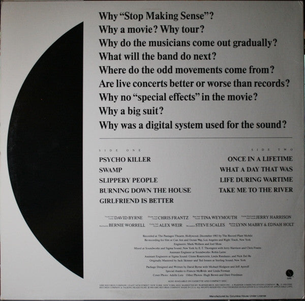 Talking Heads – STOP MAKING SENSE – achterkant hoes