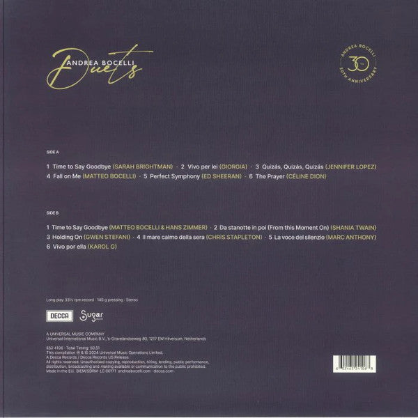 Andrea Bocelli – DUETS – achterkant hoes