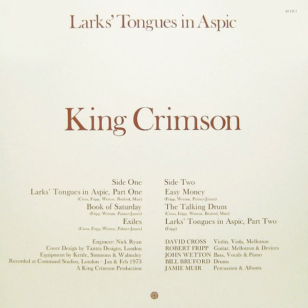 King Crimson – LARKS' TONGUES IN ASPIC – achterkant hoes